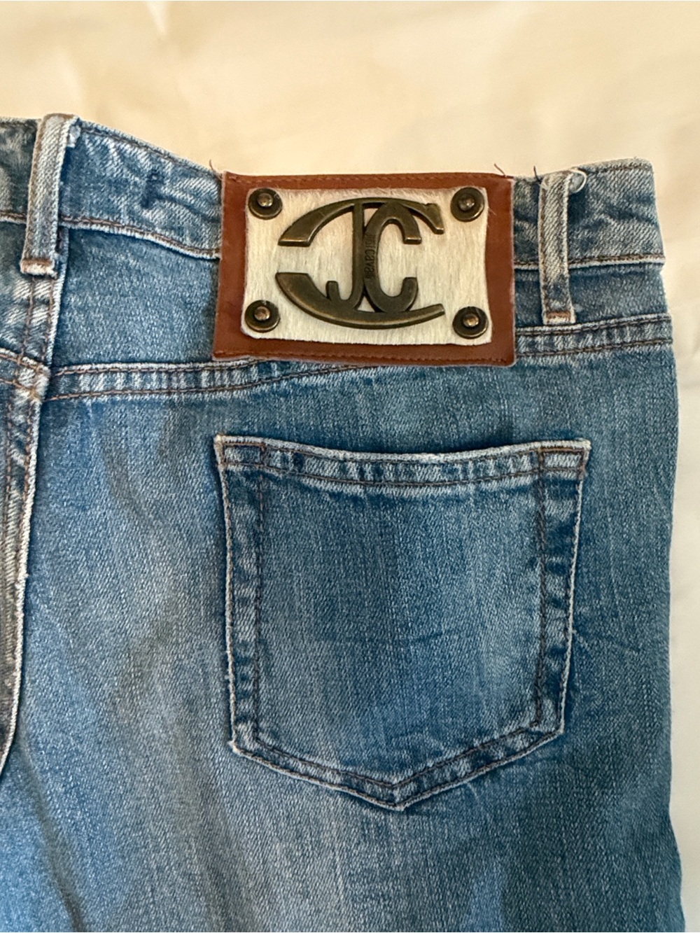 RareJust Cavalli Blue Skinny Jeans with Metal and Cowhide Branding/logo
